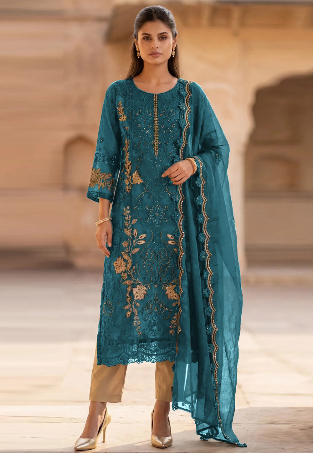 Teal Chiffon Pant Style Suit 329658