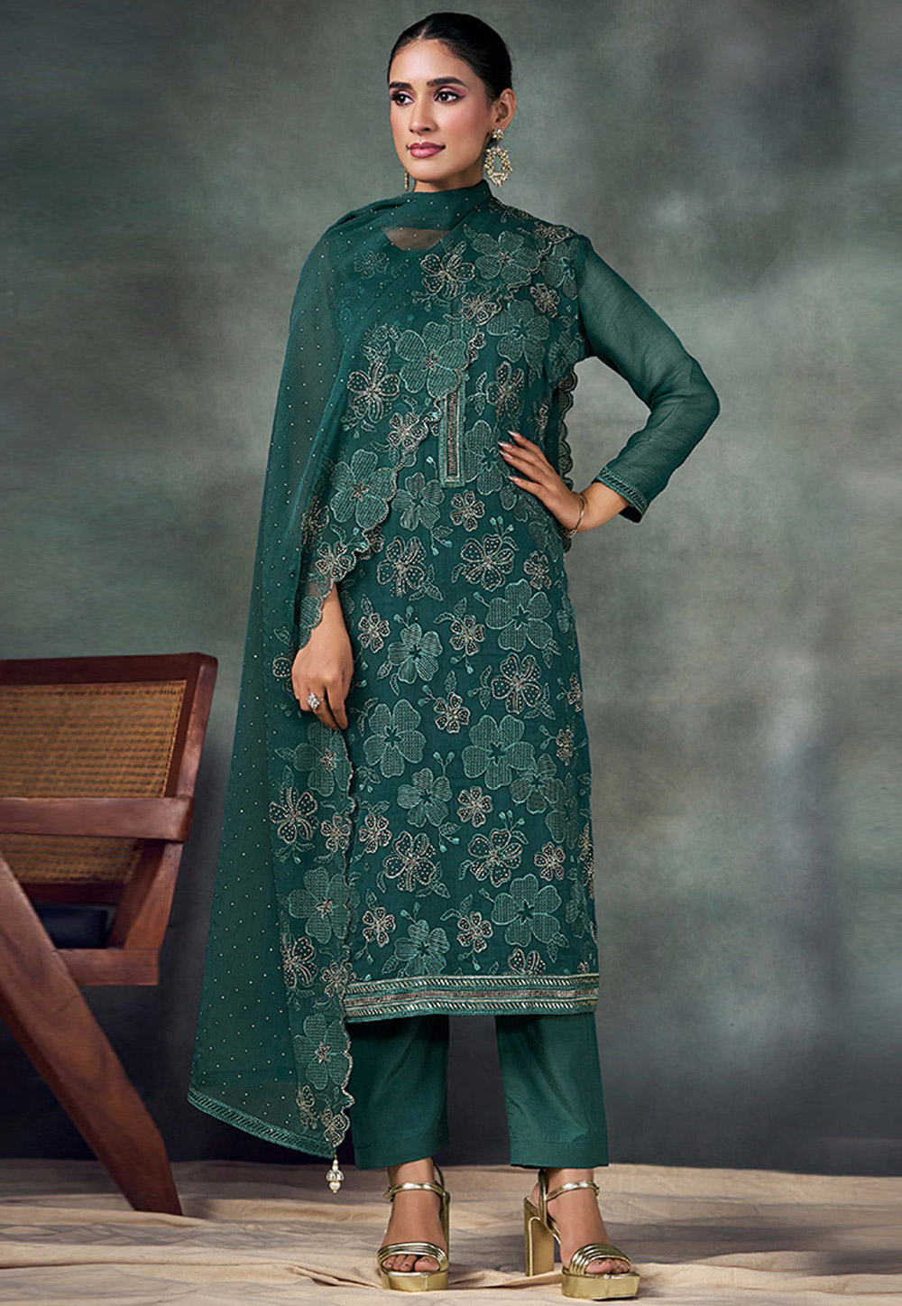 Teal Chiffon Pant Style Suit 324809