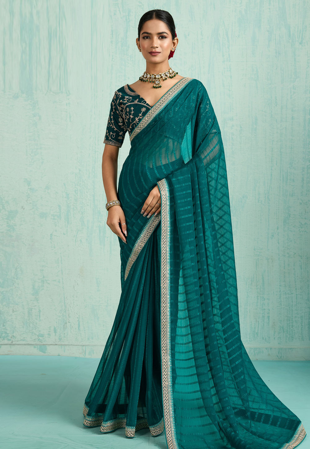 Teal Chiffon Saree With Blouse 318199