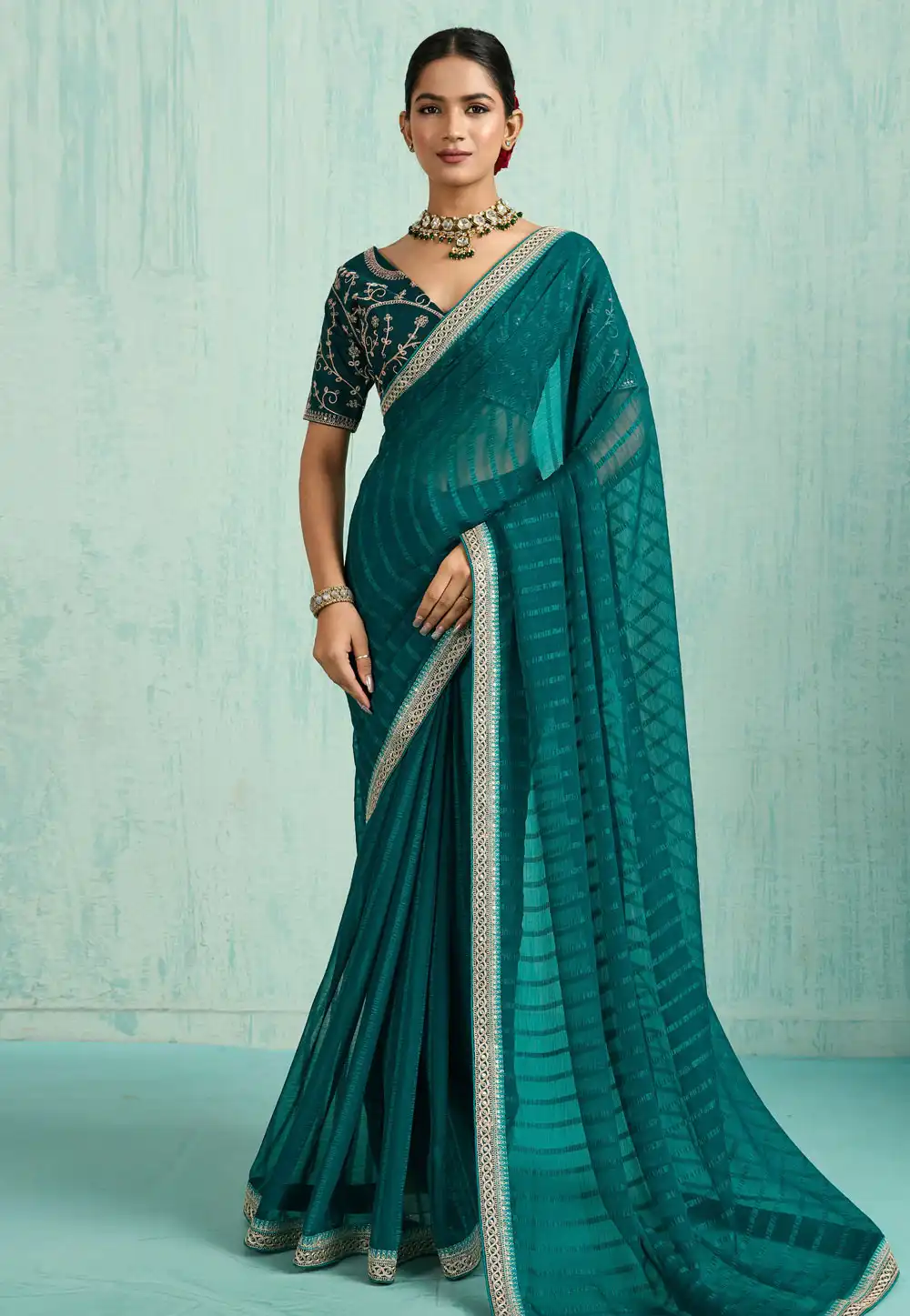 Teal Chiffon Saree With Blouse 318199