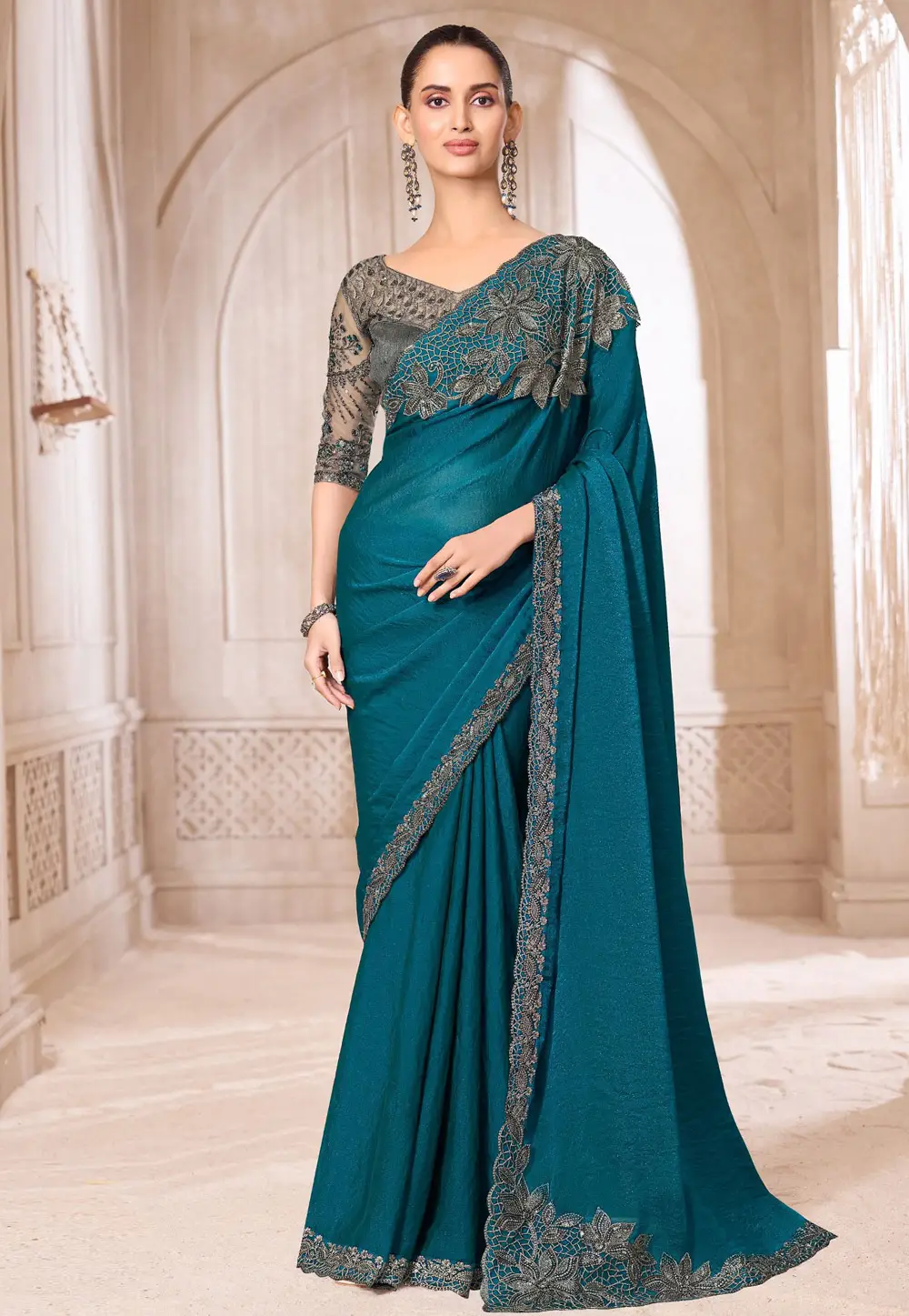 Teal Chiffon Saree With Blouse 335999