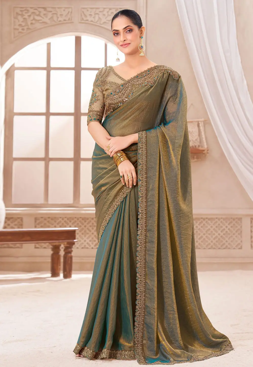 Teal Chiffon Saree With Blouse 336002