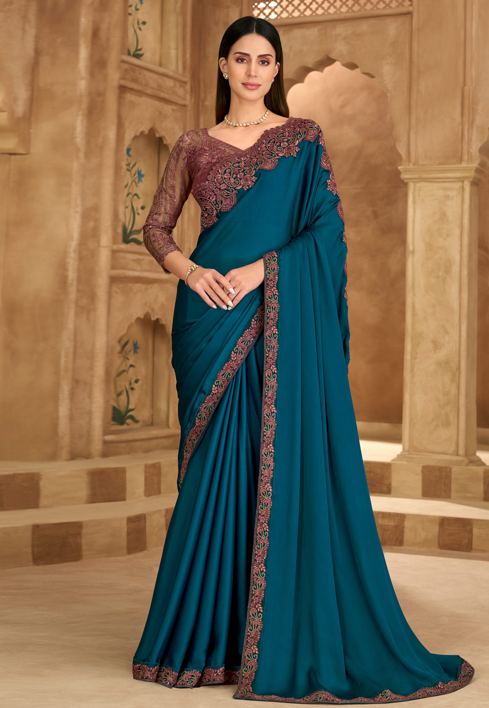 Teal Chiffon Saree With Blouse 324677