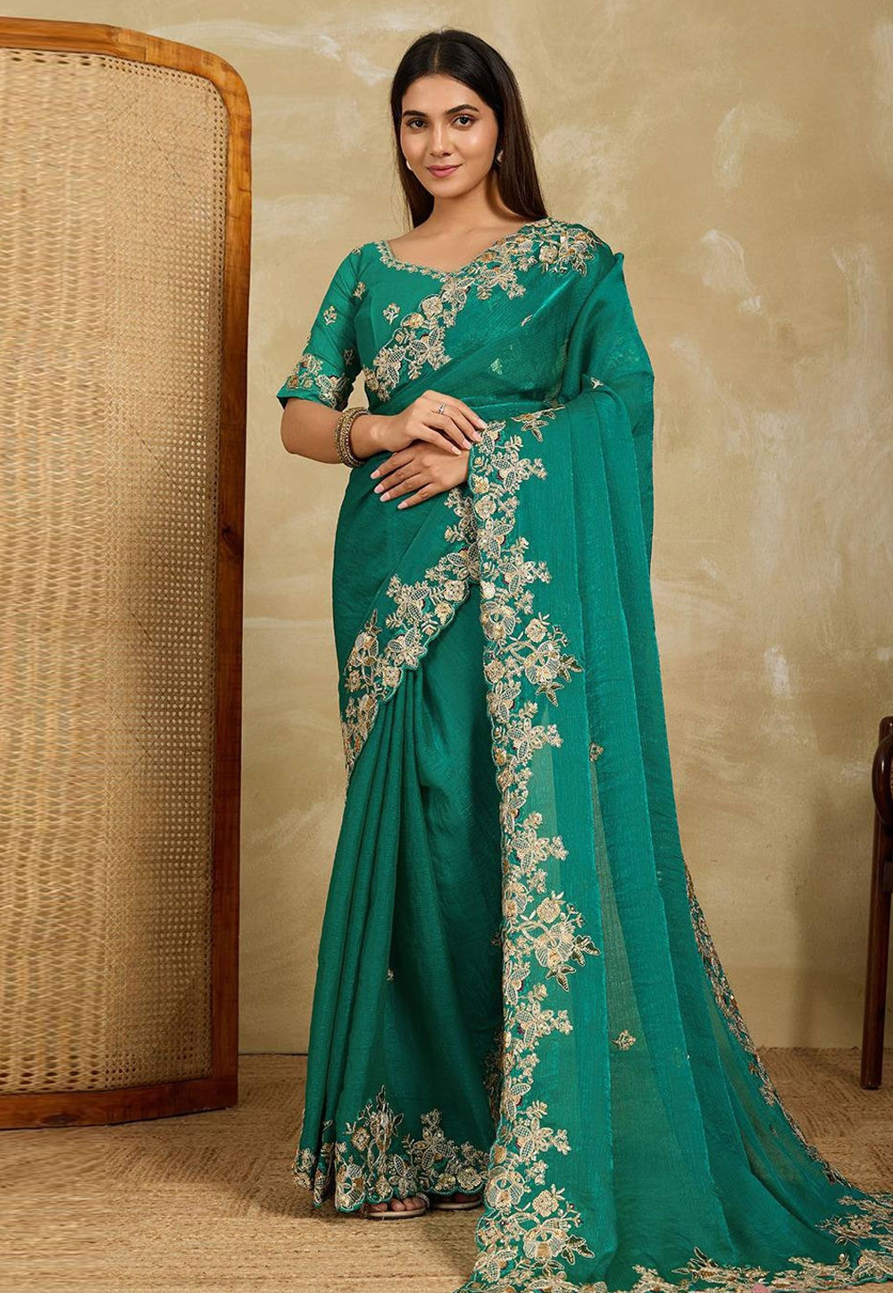 Teal Chiffon Saree With Blouse 318174