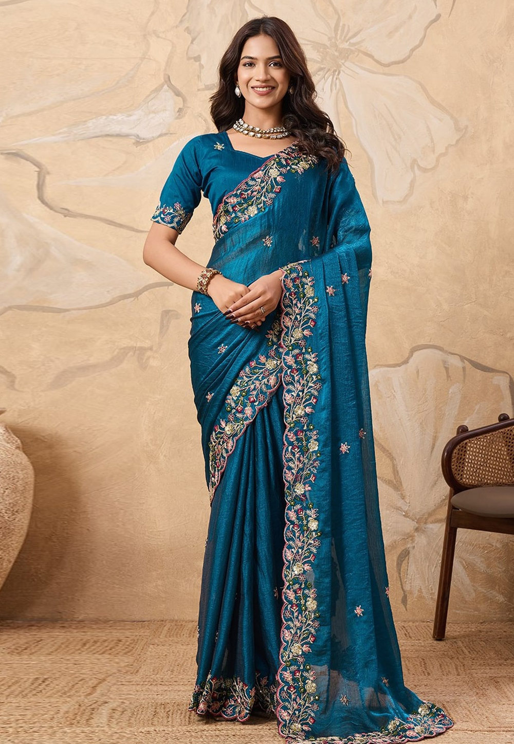 Teal Chiffon Saree With Blouse 319455