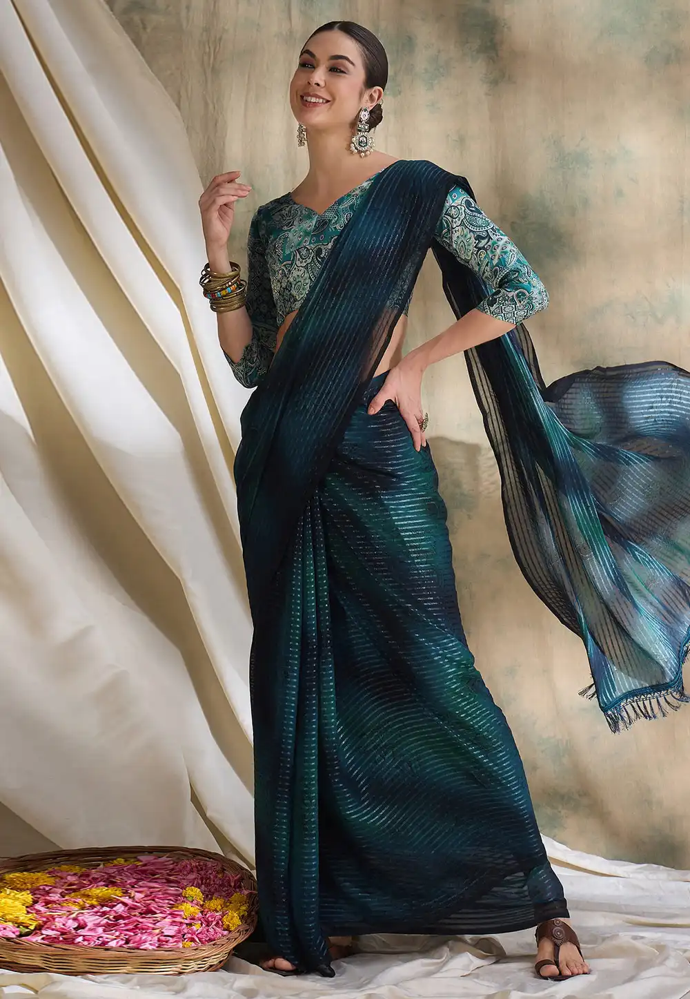 Teal Chiffon Saree With Blouse 320295