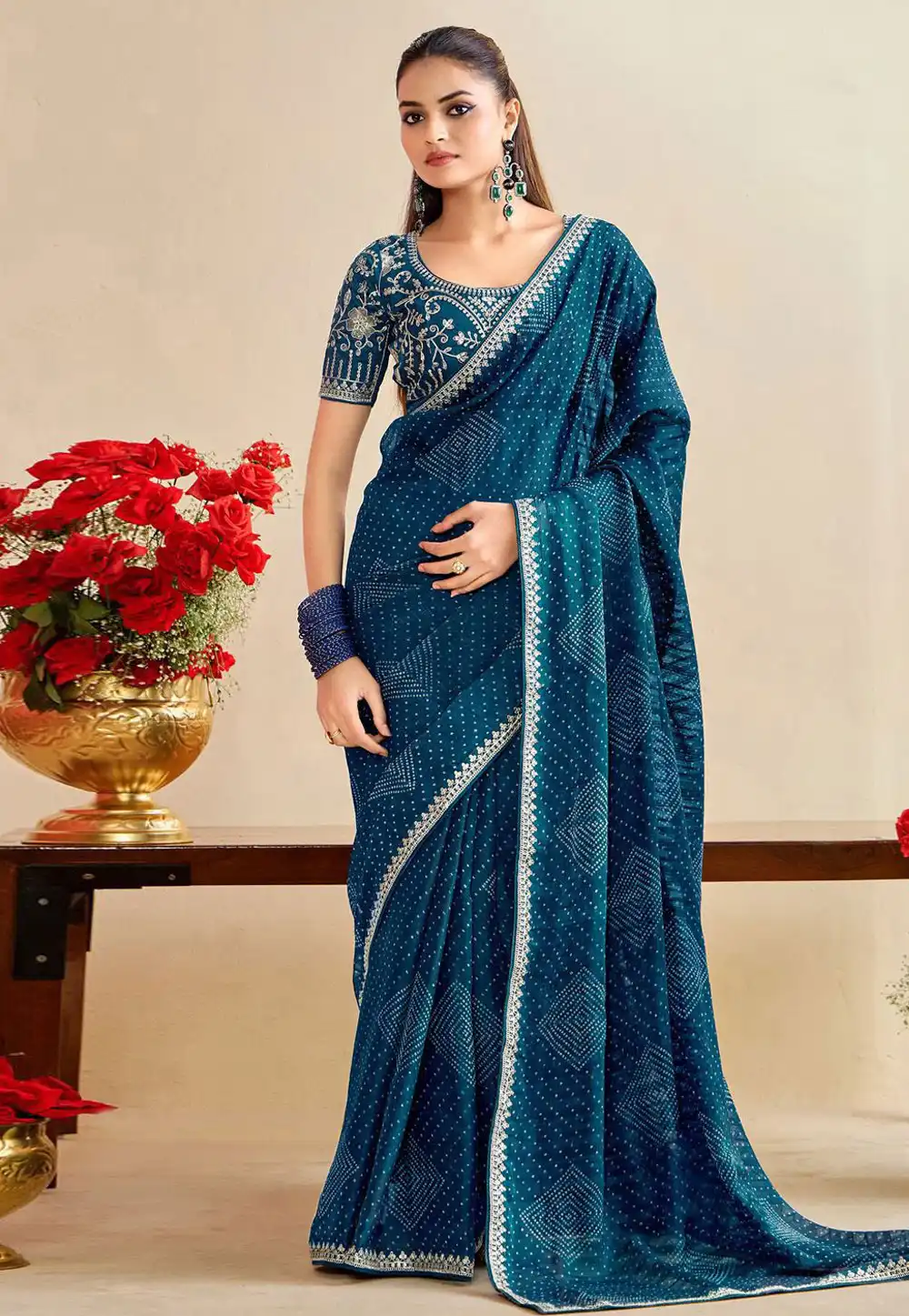 Teal Chiffon Saree With Blouse 321524
