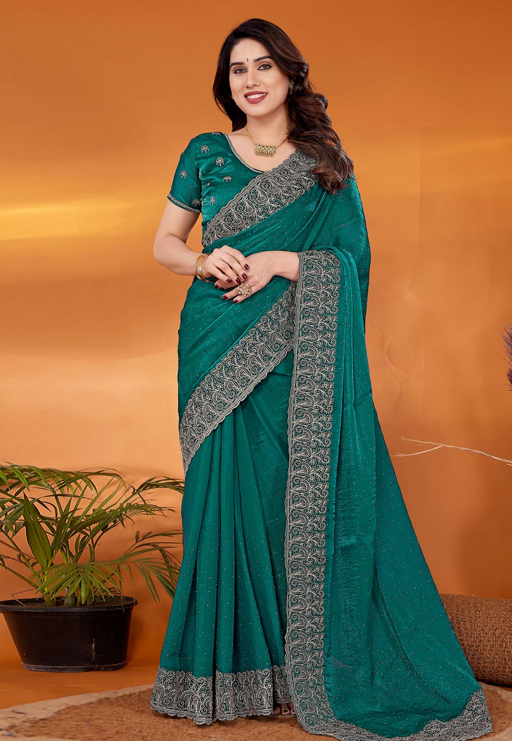 Teal Chiffon Saree With Blouse 308221