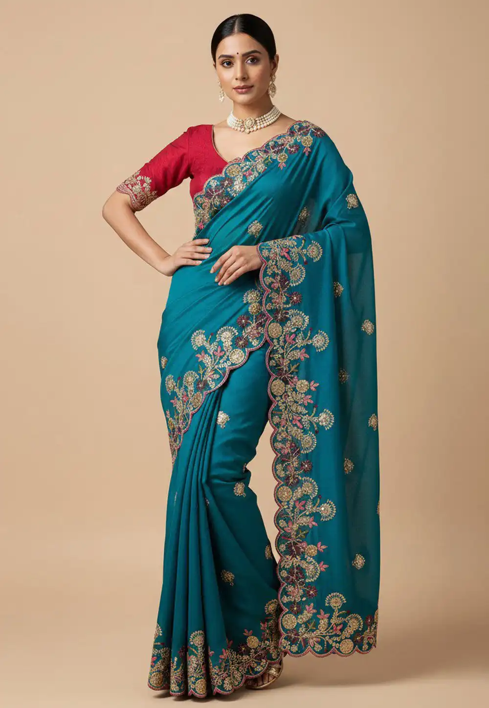 Teal Chiffon Saree With Blouse 318655