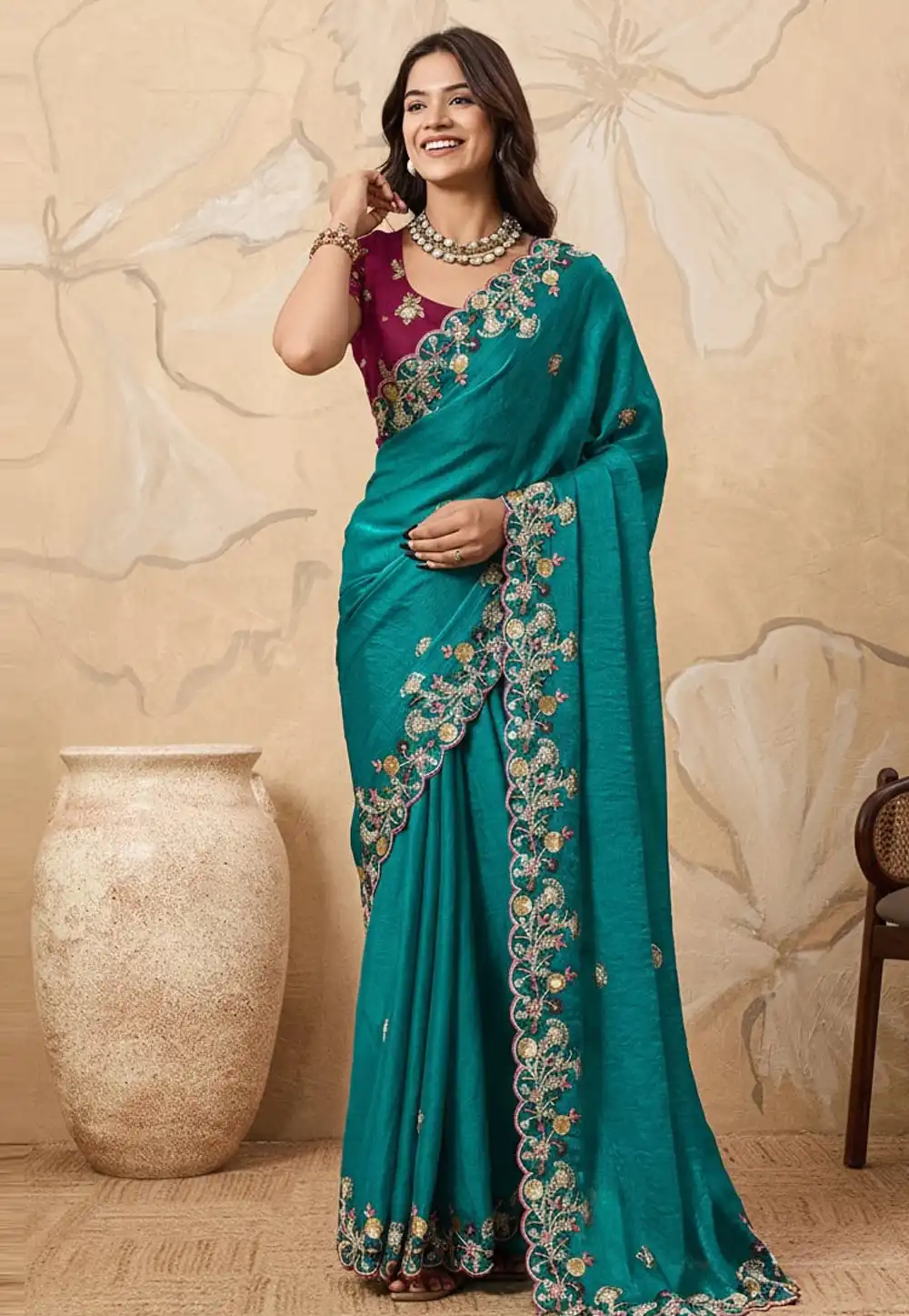 Teal Chiffon Saree With Blouse 319707