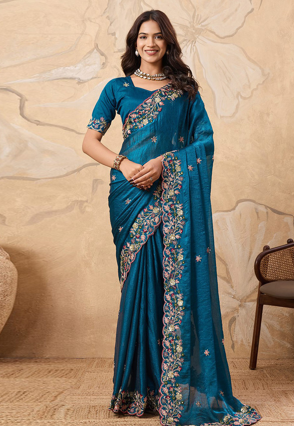 Teal Chiffon Saree With Blouse 319603