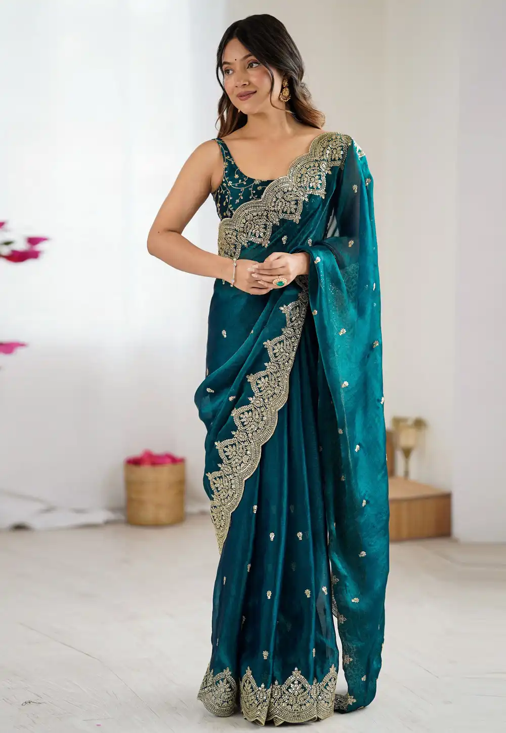 Teal Chiffon Saree With Blouse 323195