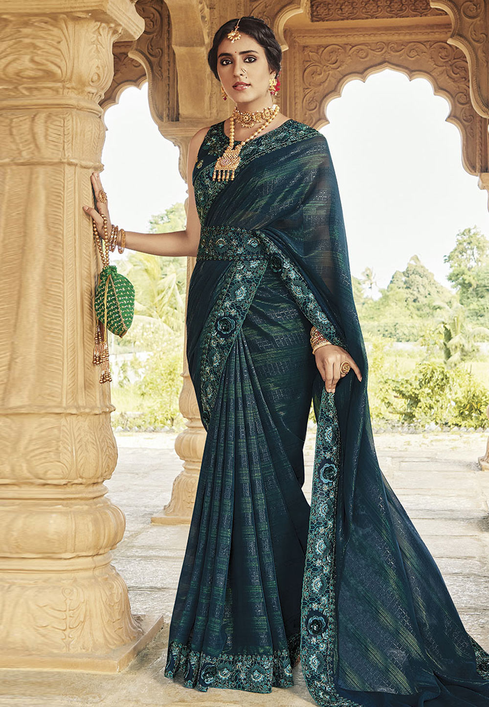 Teal Chiffon Saree With Blouse 279855