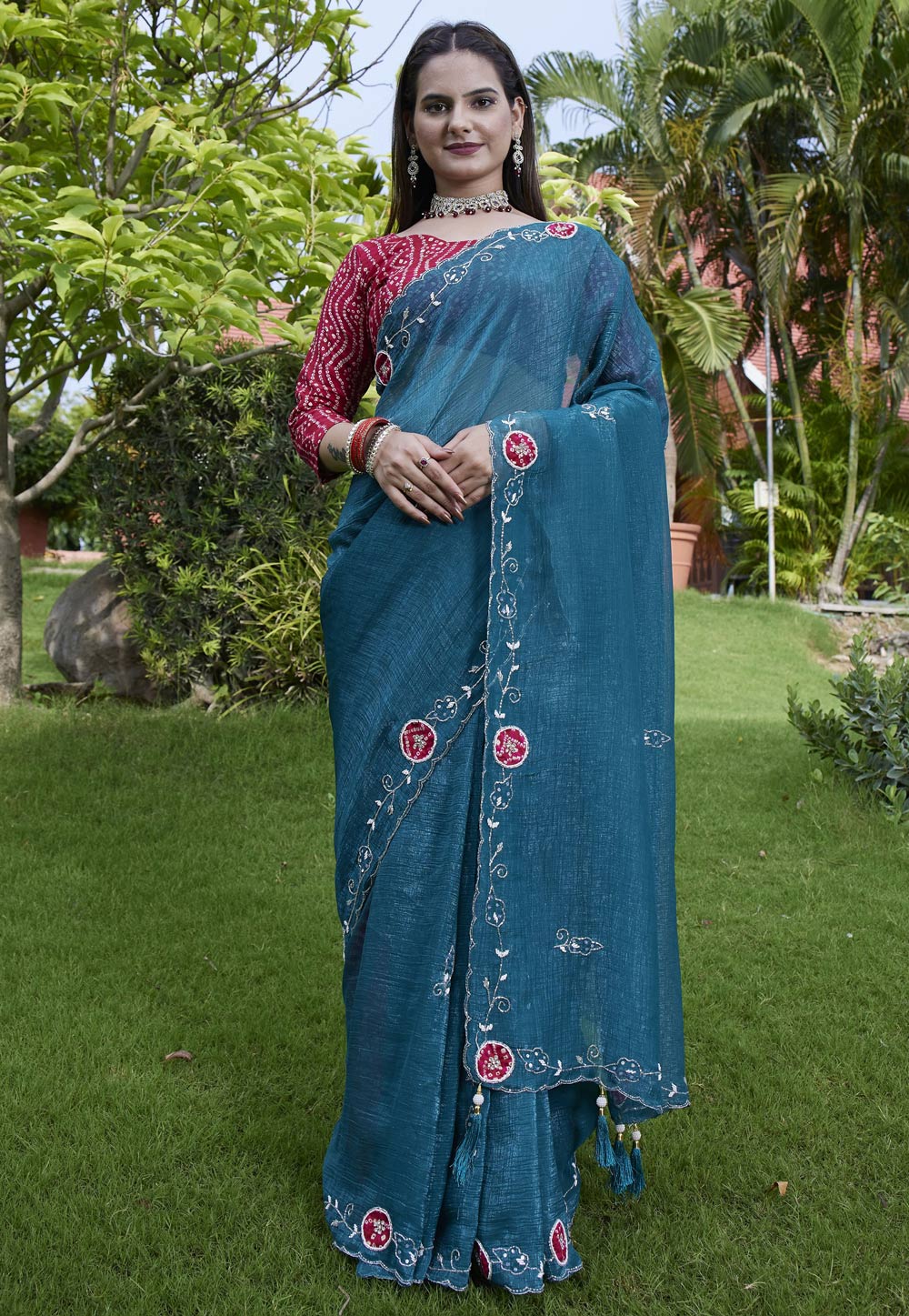 Teal Chiffon Saree With Blouse 311483