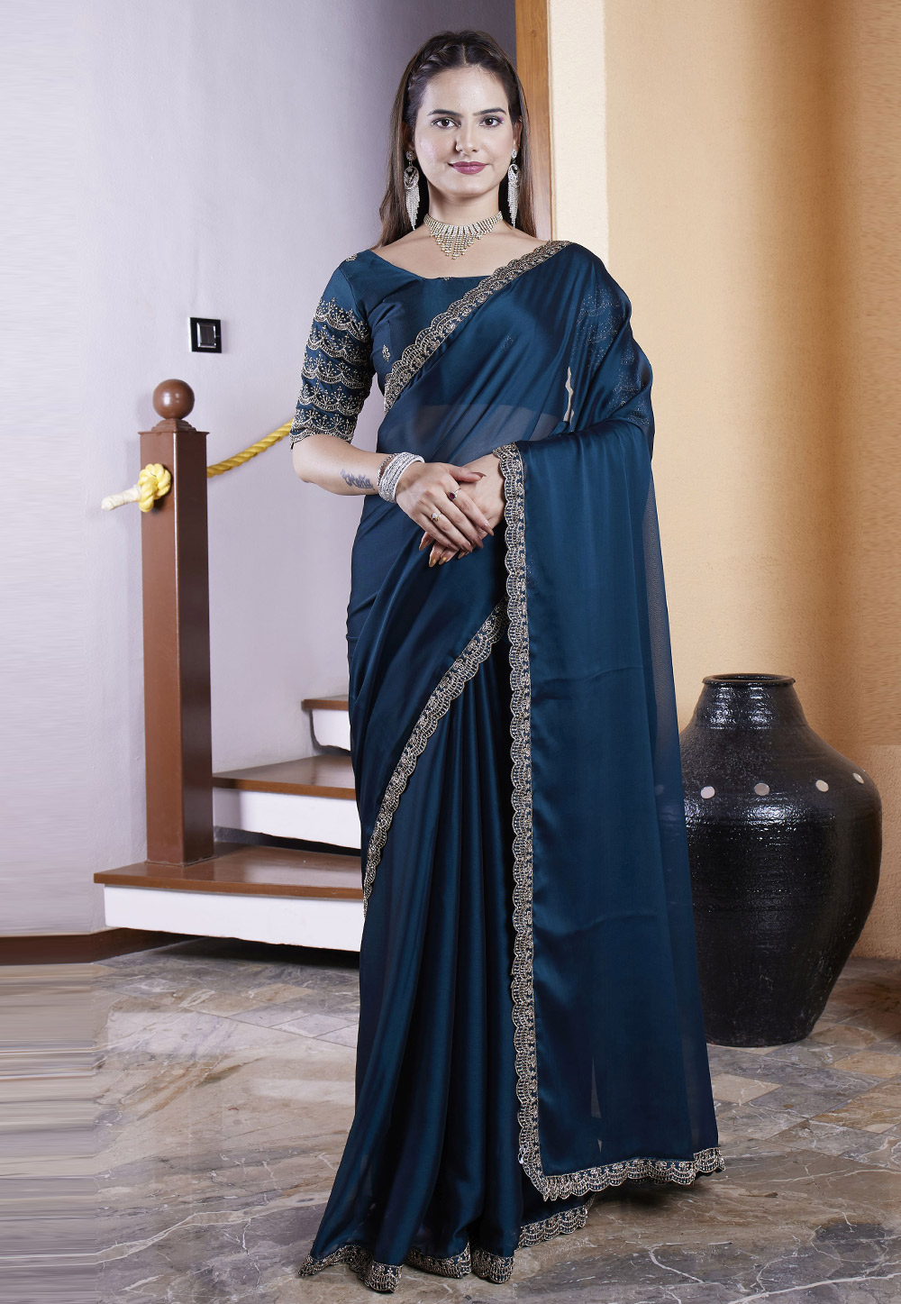 Teal Chiffon Saree With Blouse 311486