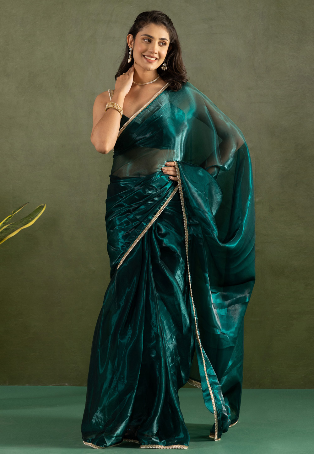 Teal Chiffon Saree With Blouse 311583