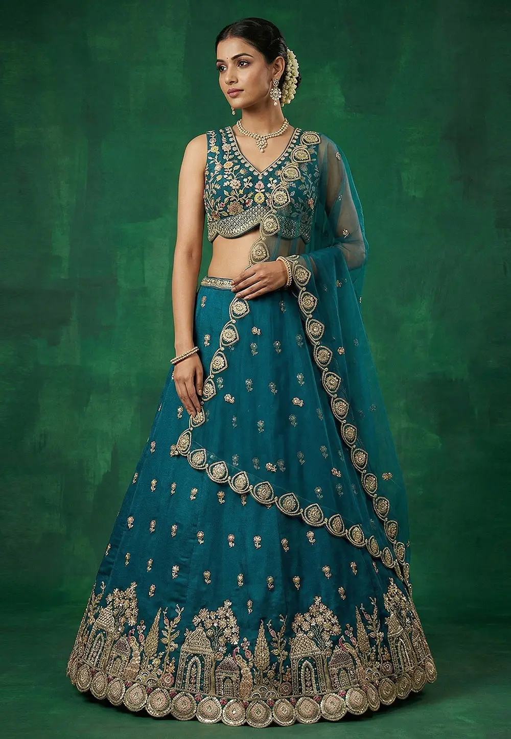 Teal Chinon Circular Lehenga Choli 332985