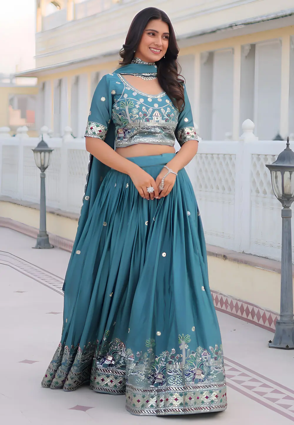 Teal Chinon Readymade Circular Lehenga Choli 298947