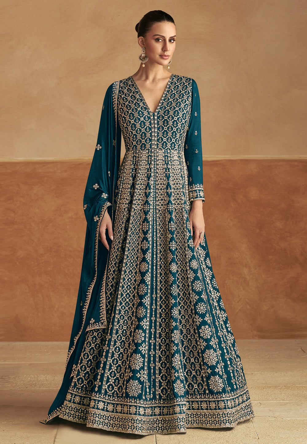 Teal Chinon Embroidered Long Anarkali Suit 318764
