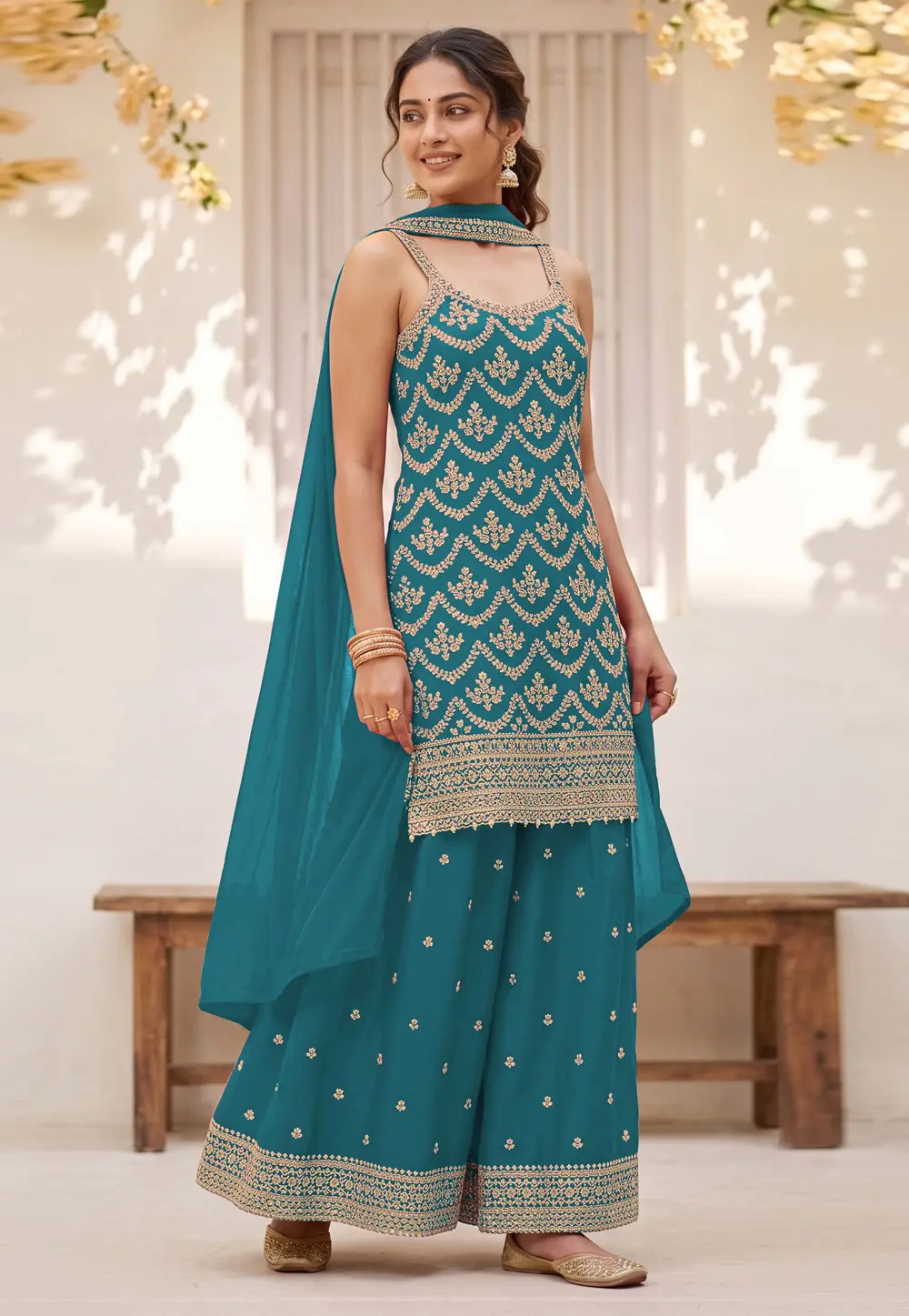 Teal Chinon Embroidered Pakistani Suit 331611