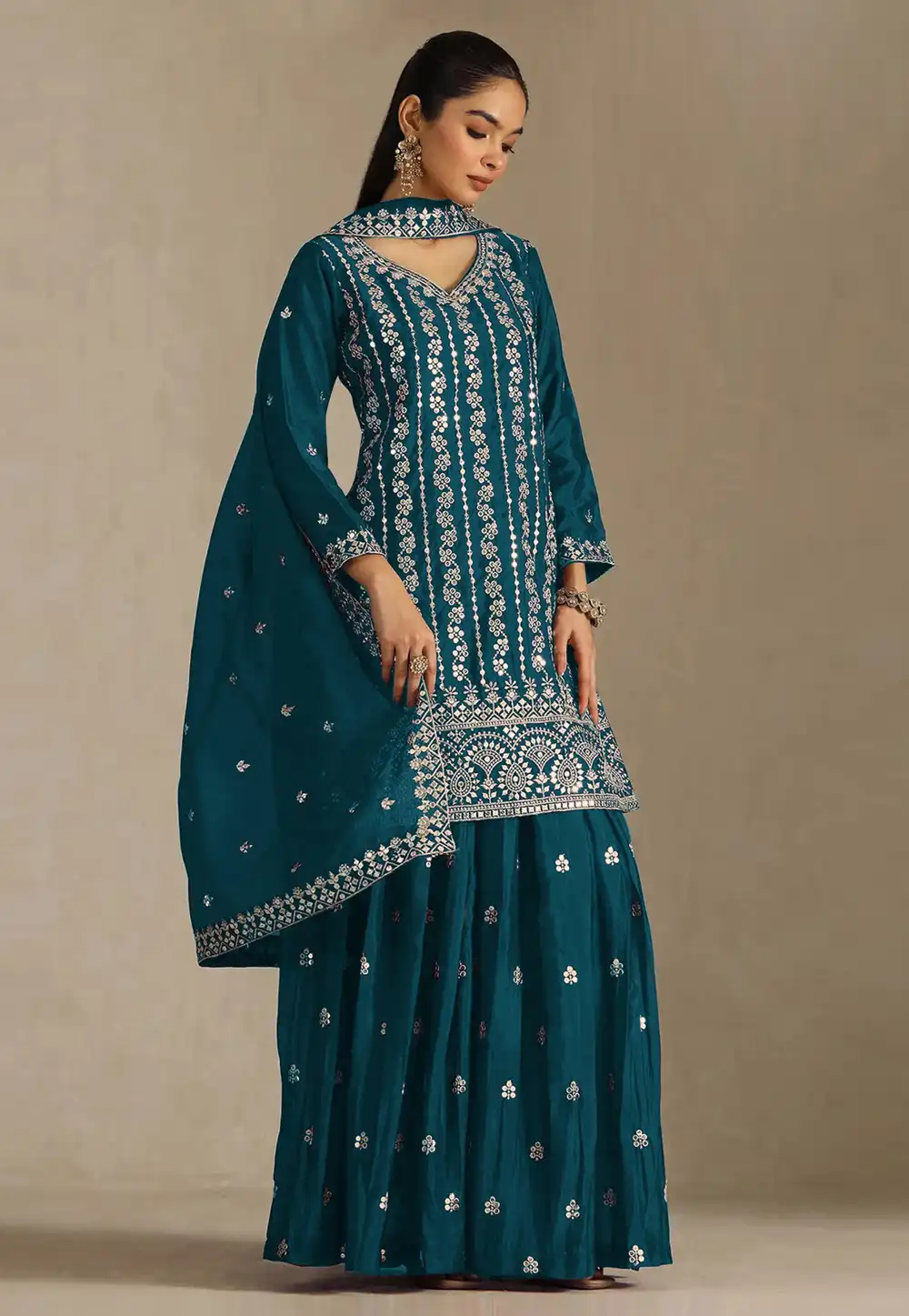 Teal Chinon Embroidered Pakistani Suit 330374