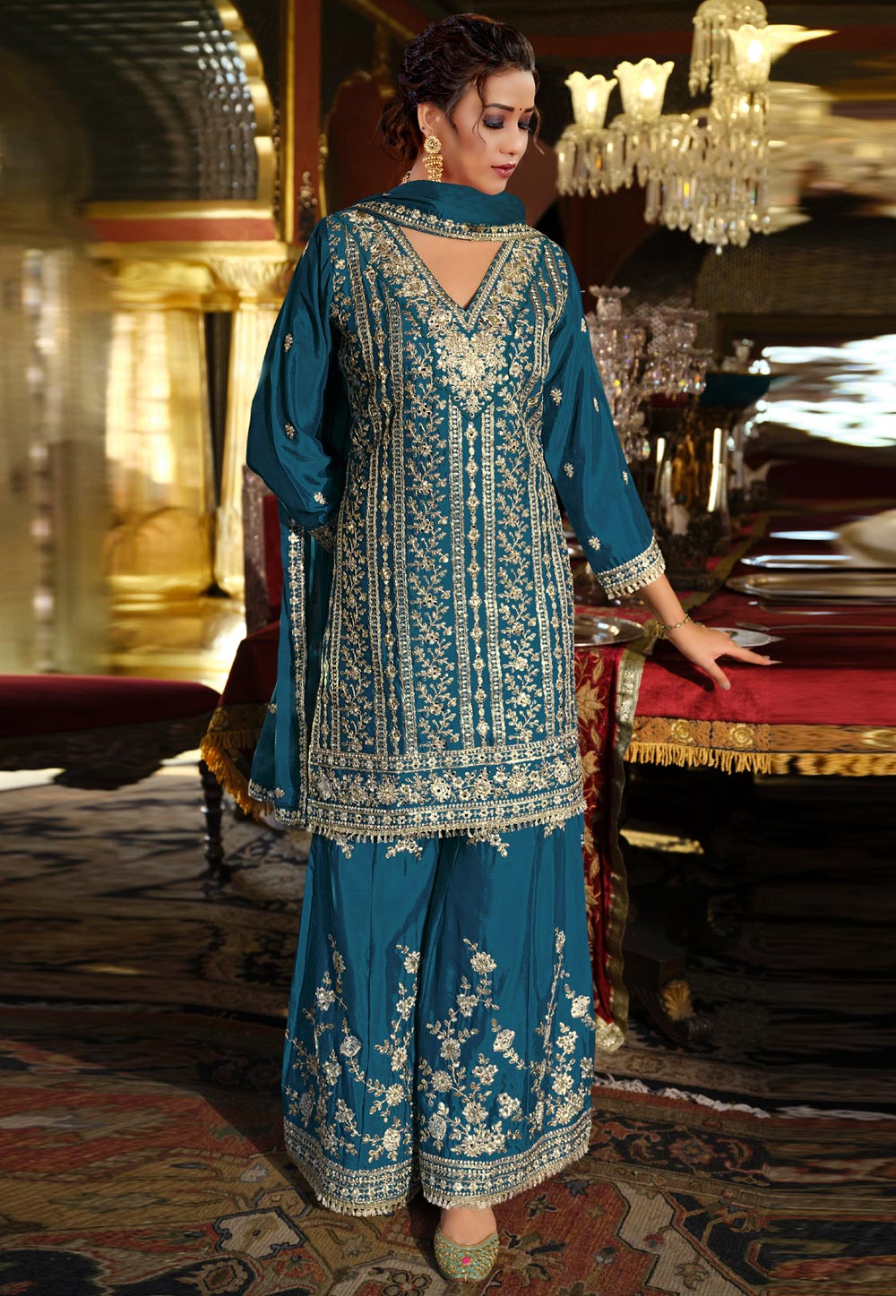 Teal Chinon Embroidered Palazzo Suit 320202
