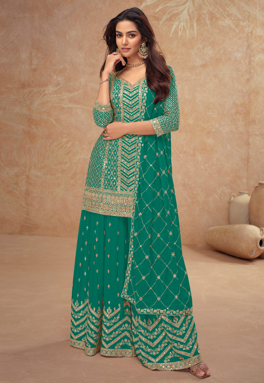 Teal Chinon Embroidered Palazzo Suit 318756