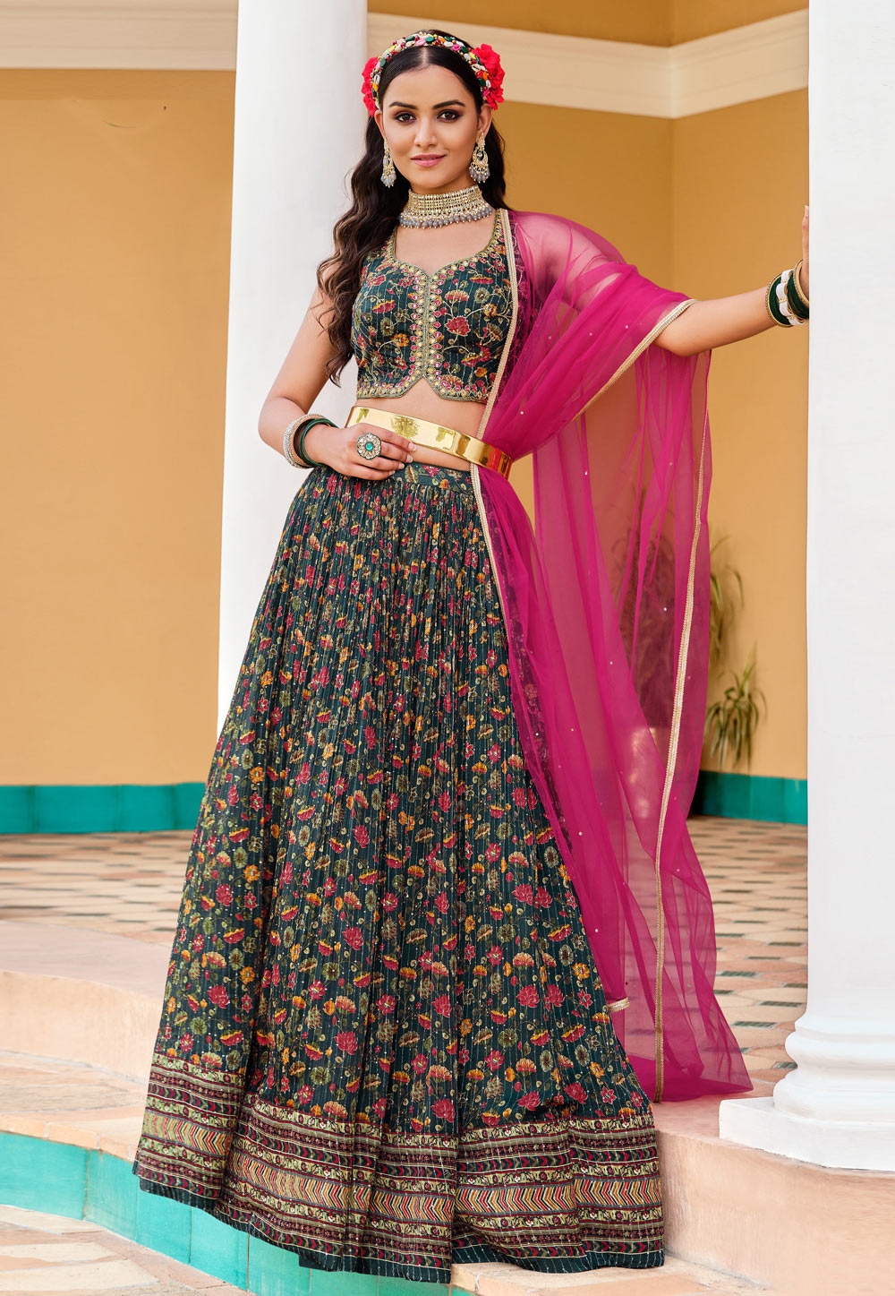 Teal Chinon Floral Lehenga choli 285921