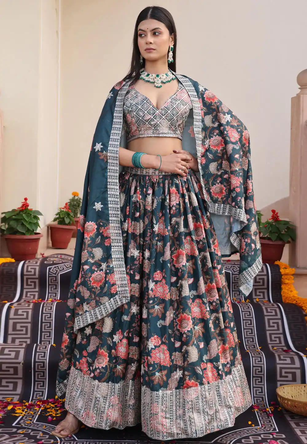Teal Chinon Floral Lehenga choli 318844