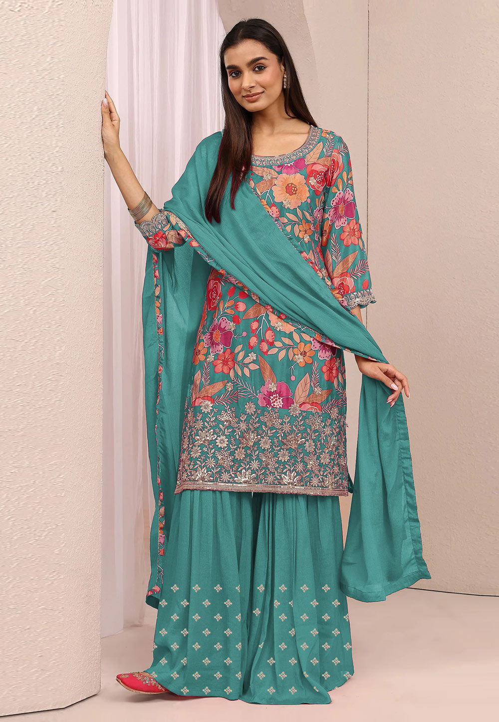 Teal Chinon Gharara Suit 329168