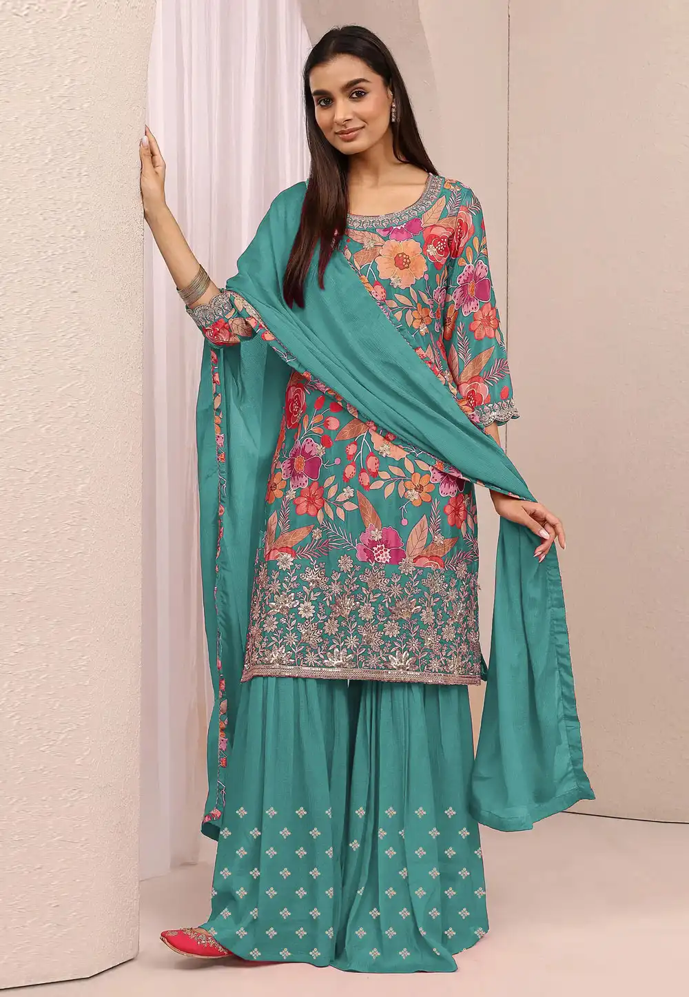 Teal Chinon Gharara Suit 329168