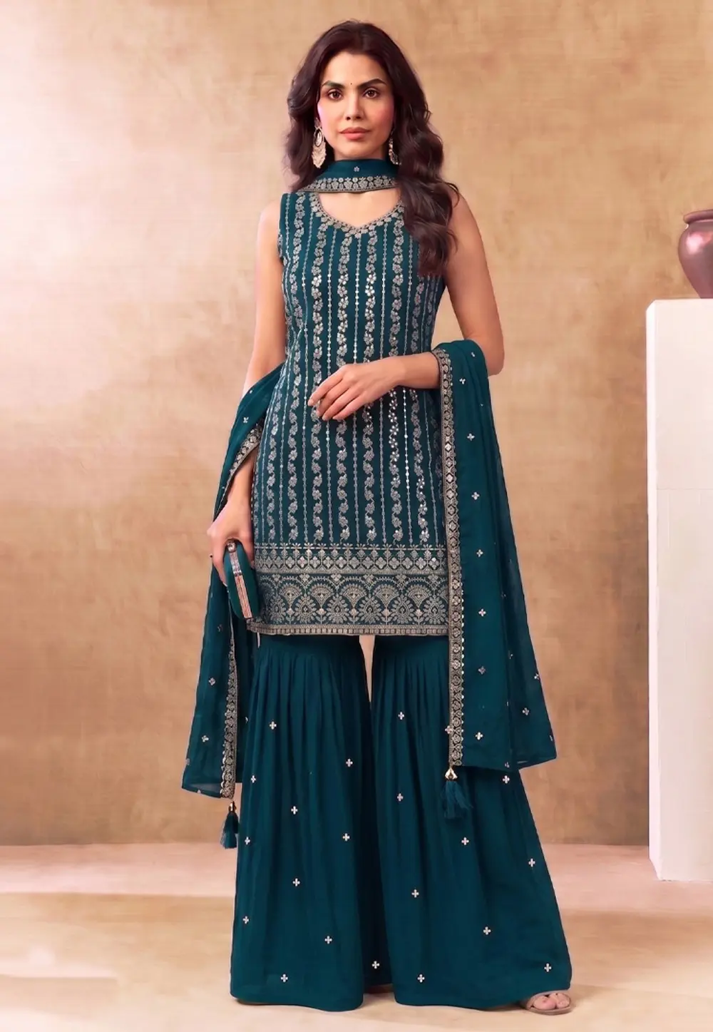Teal Chinon Gharara Suit 331602