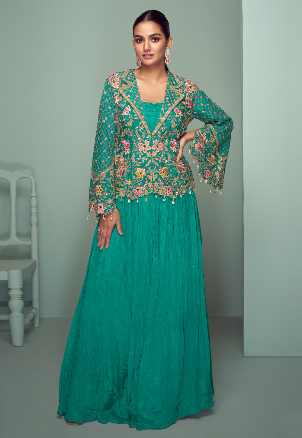 Teal Chinon Indo Western Lehenga Choli 321576