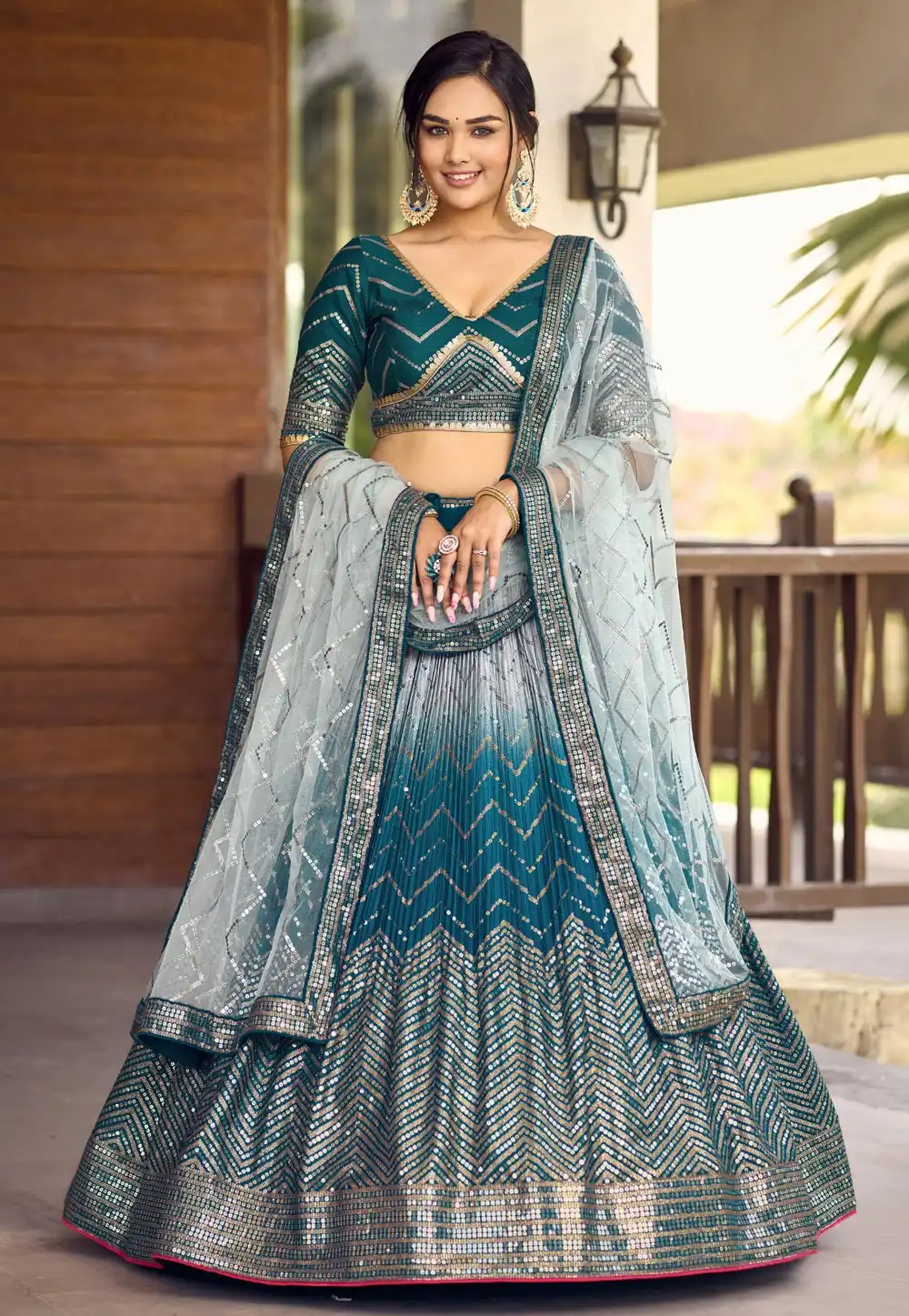 Teal Chinon Lehenga Choli 284844