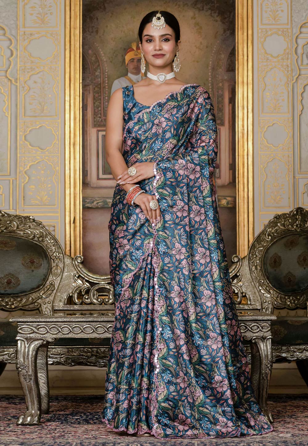 Teal Chinon Lehenga Saree 318181