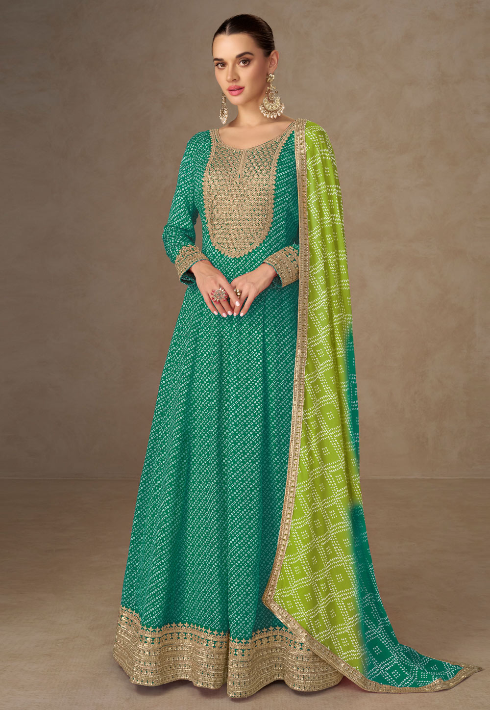 Teal Chinon Long Anarkali Suit 318285