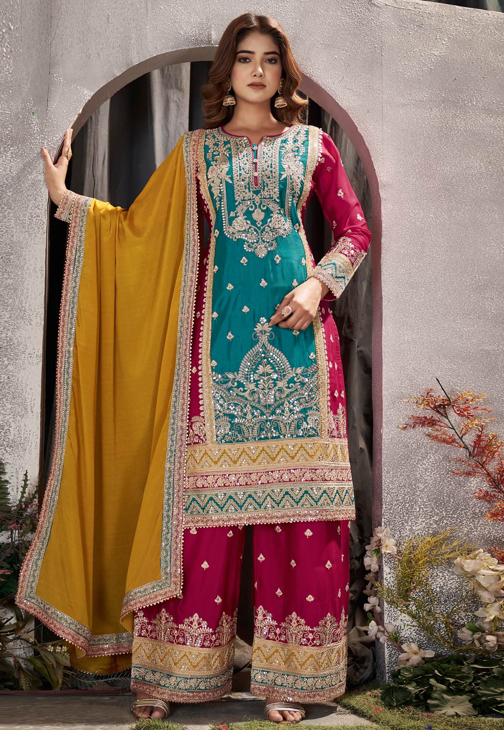 Teal Chinon Pakistani Palazzo Suit 279370