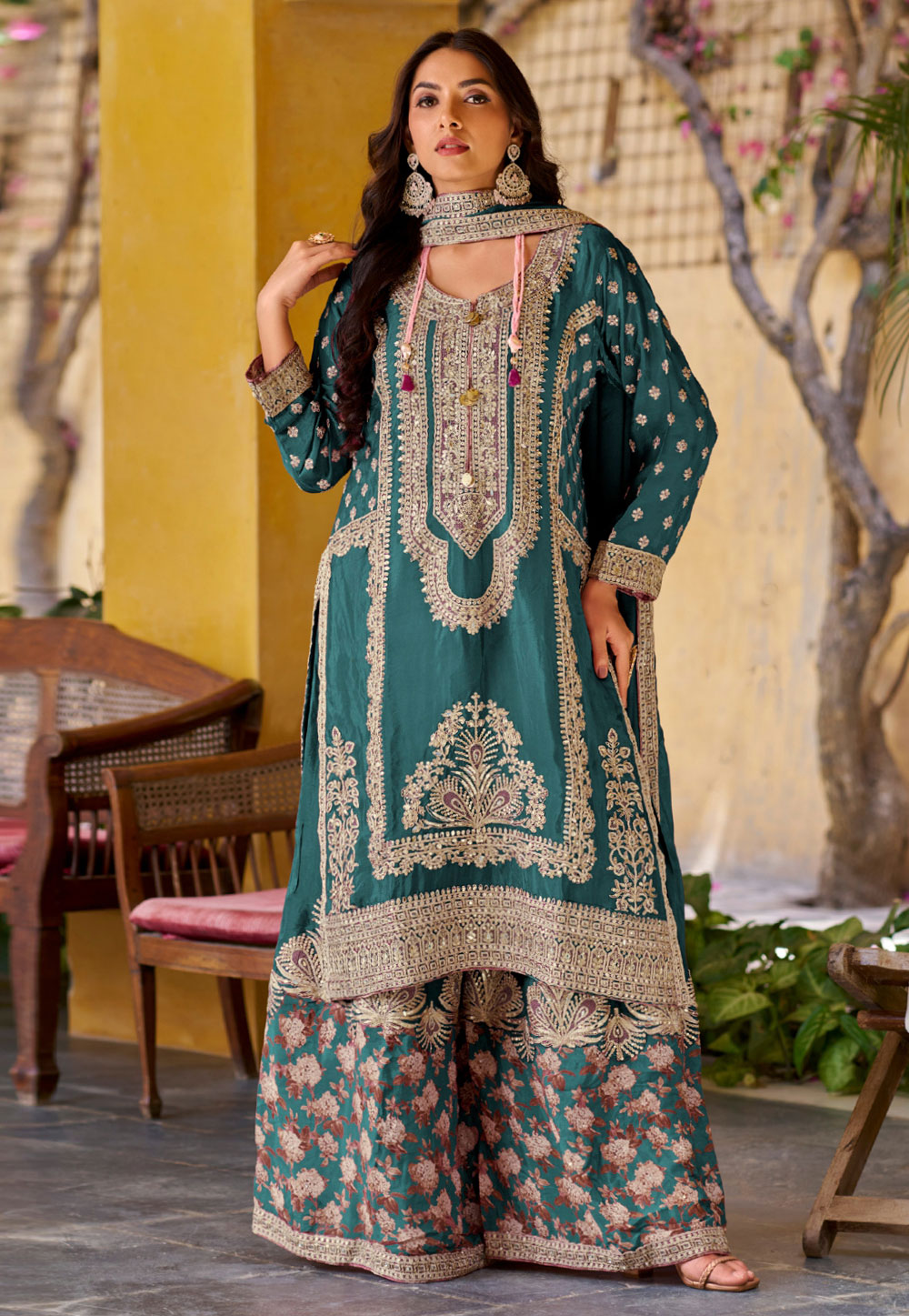 Teal Chinon Pakistani Suit 308546