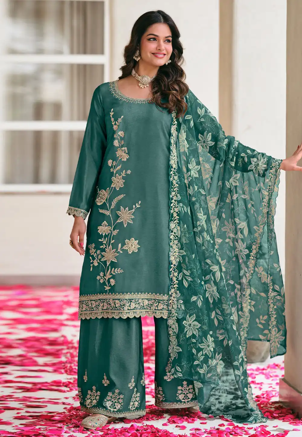 Teal Chinon Pakistani Suit 328928
