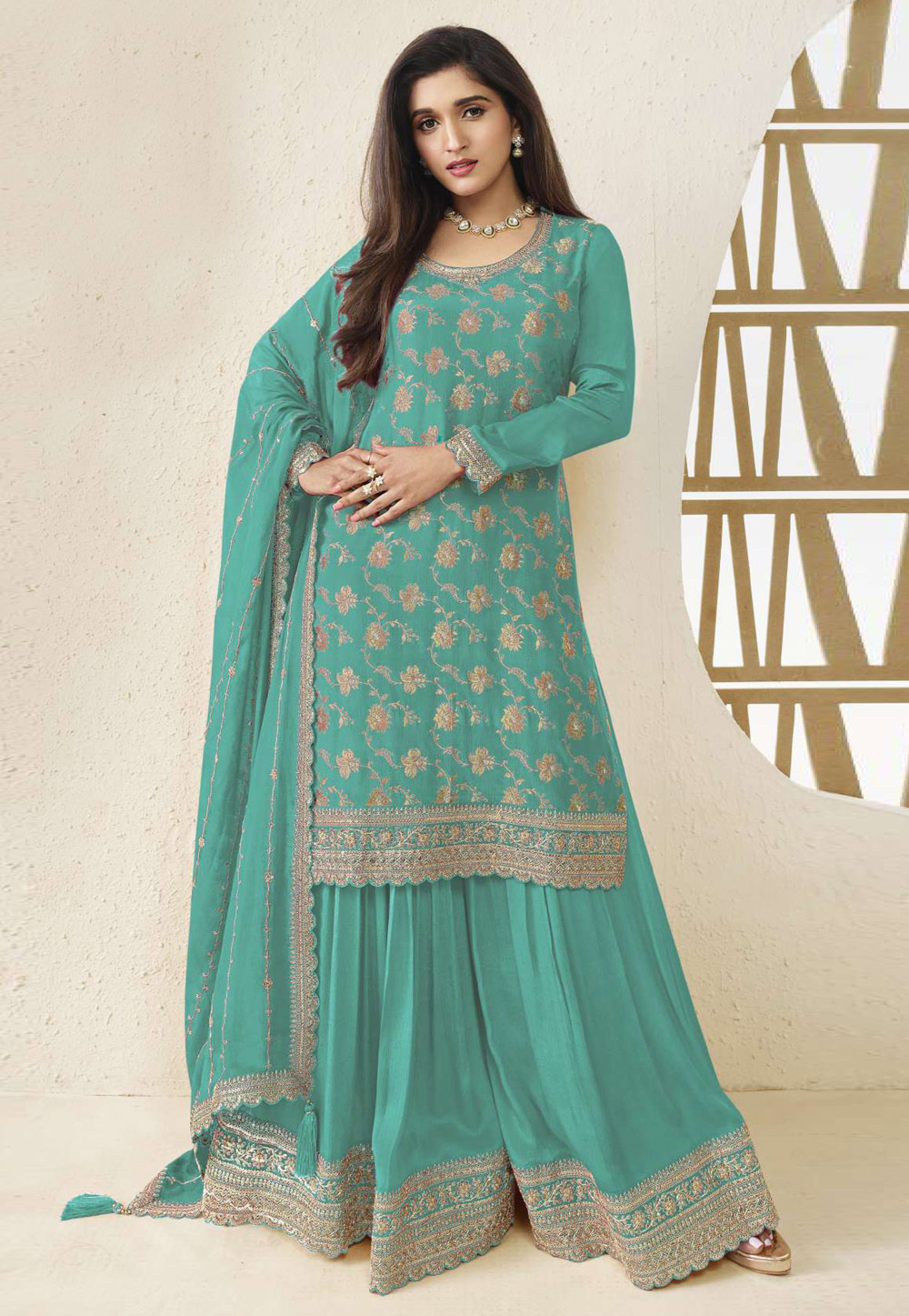 Teal Chinon Pakistani Suit 330406