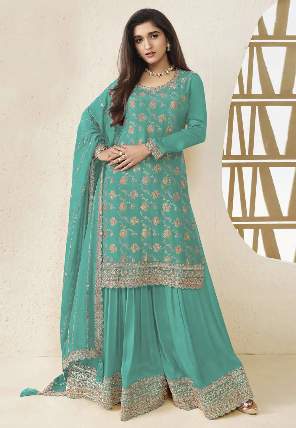 Teal Chinon Pakistani Suit 330406