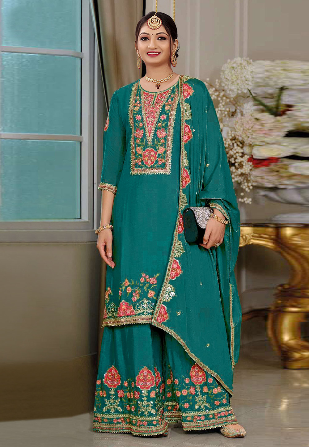 Teal Chinon Palazzo Suit 320203