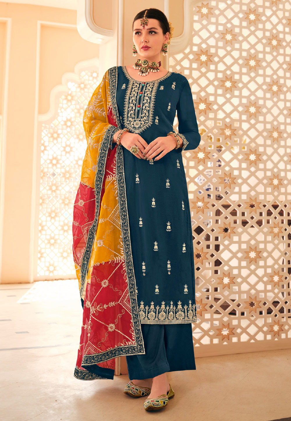 Teal Chinon Palazzo Suit 282890
