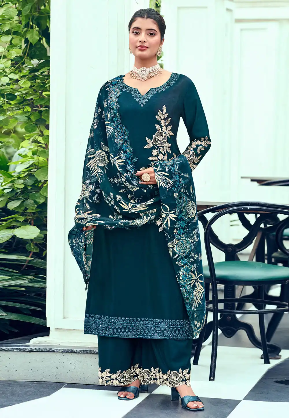 Teal Chinon Palazzo Suit 289175