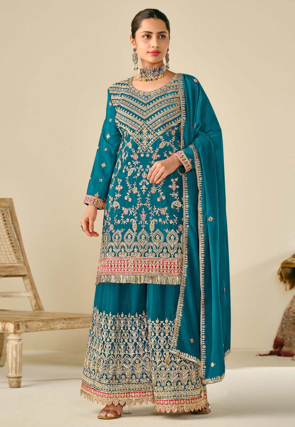 Teal Chinon Palazzo Suit 307552