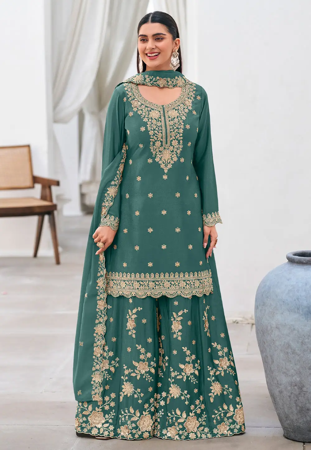 Teal Chinon Palazzo Suit 336084