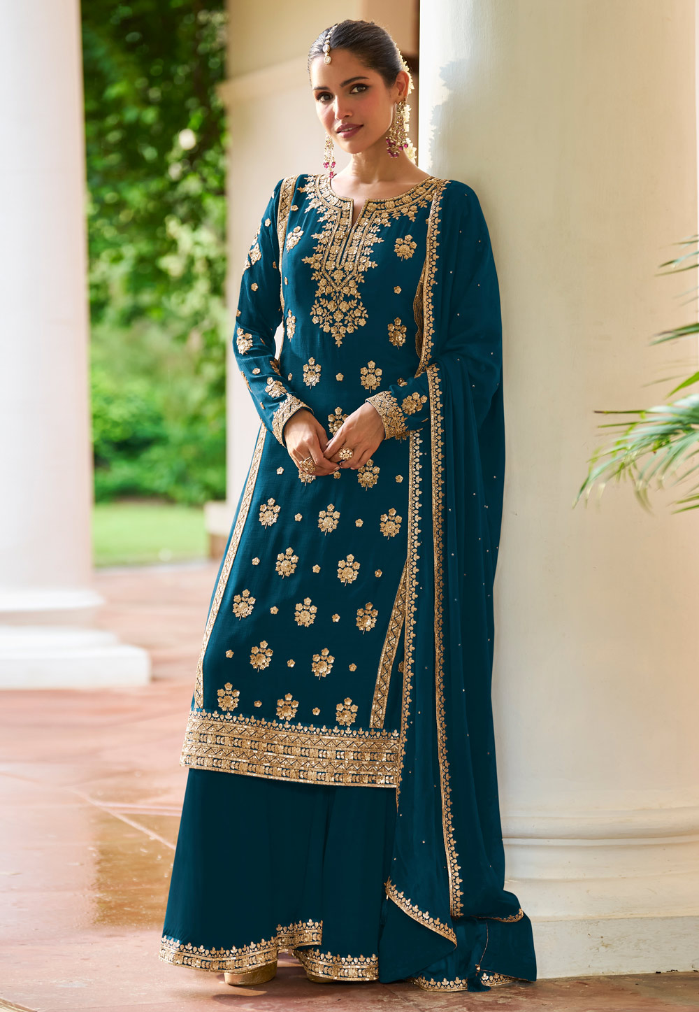 Teal Chinon Palazzo Suit 325087