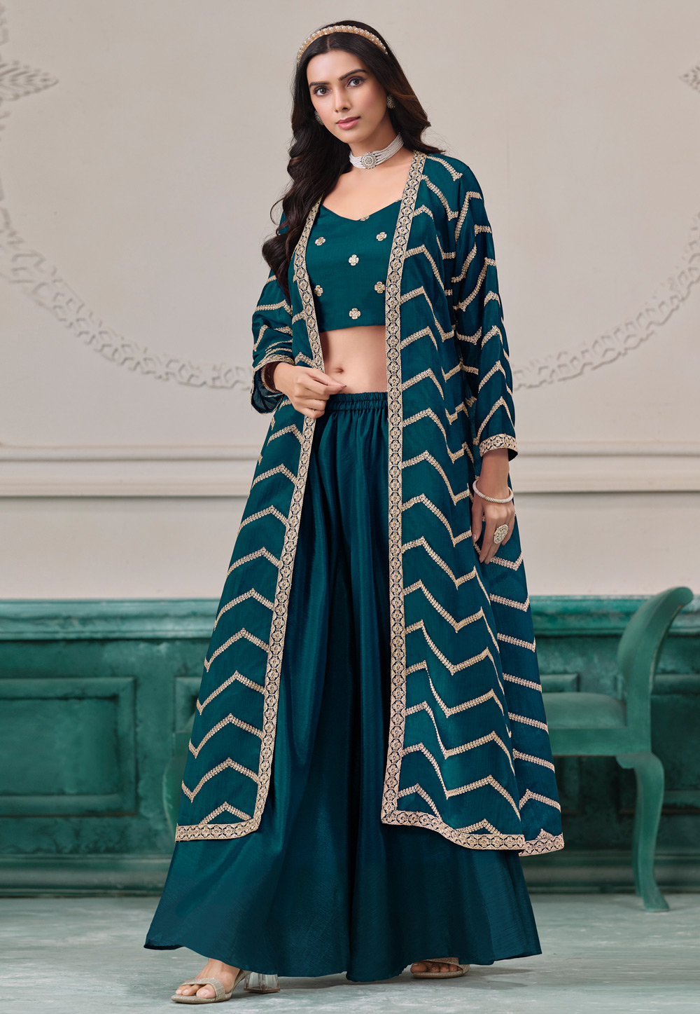 Teal Chinon Palazzo With Crop Top 312209