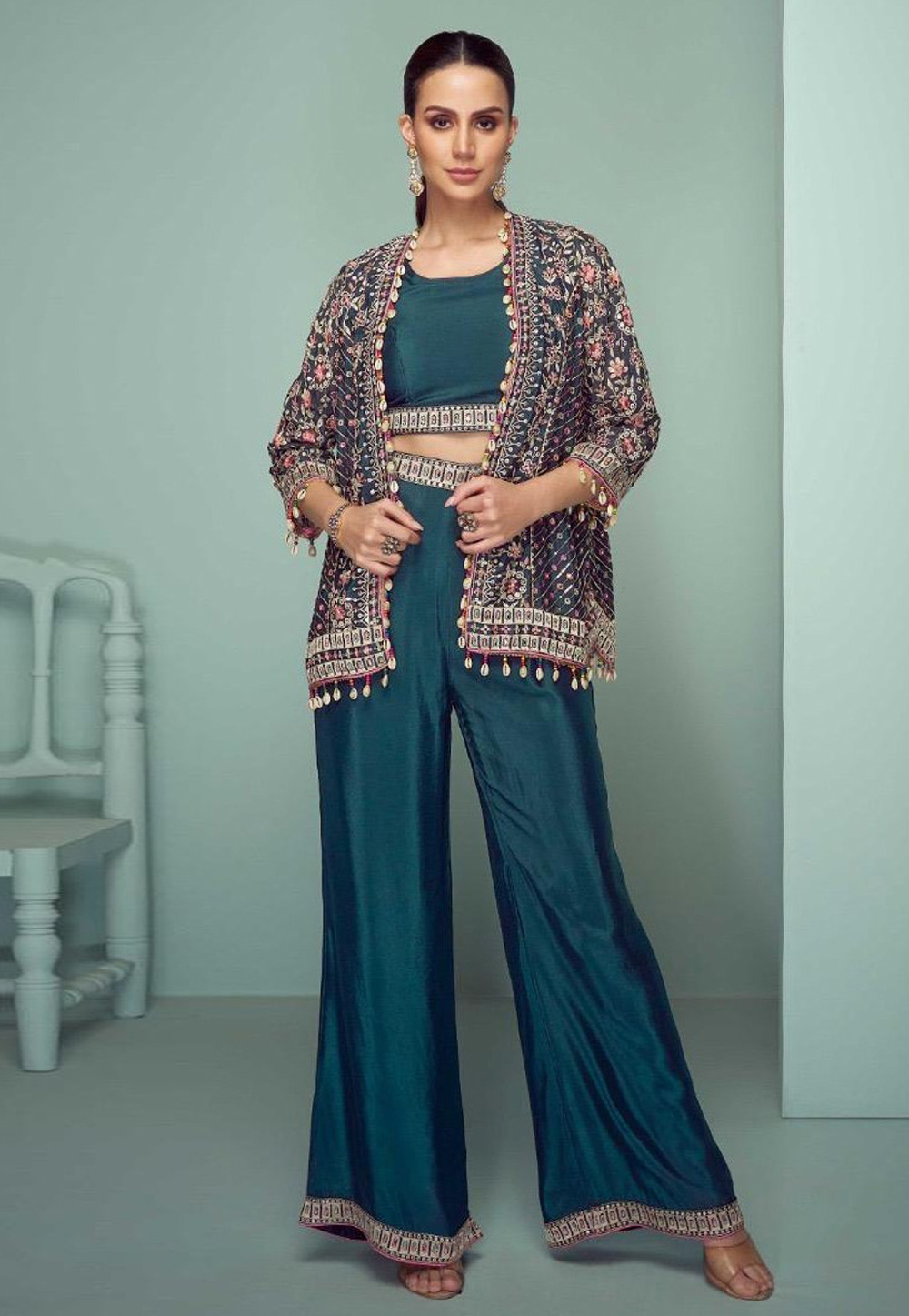 Teal Chinon Palazzo With Crop Top 326619