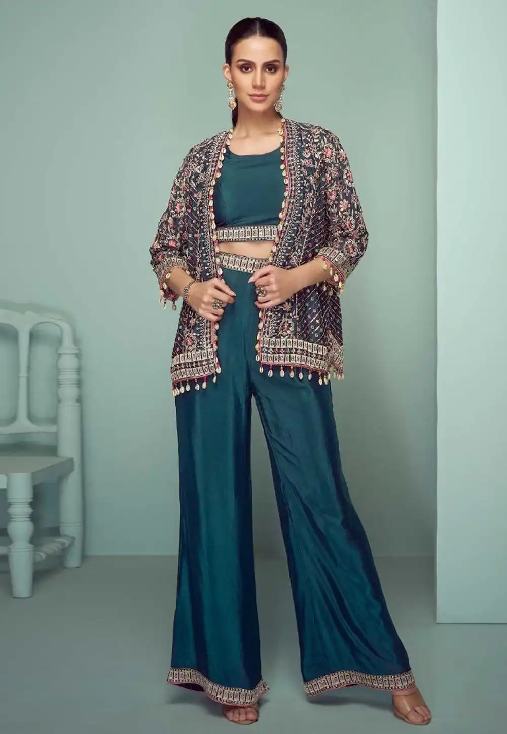 Teal Chinon Palazzo With Crop Top 326619